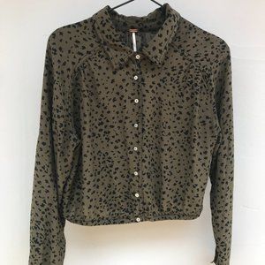 Free People Olive Cheetah Print Crop Button Down S